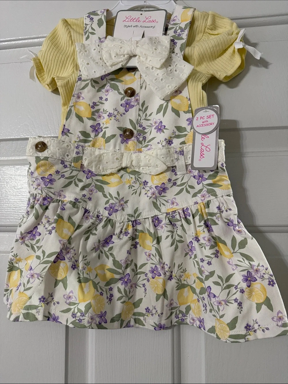 Little Lass Yellow Ribbed Tee with Cream Lemon Floral Pinafore Set